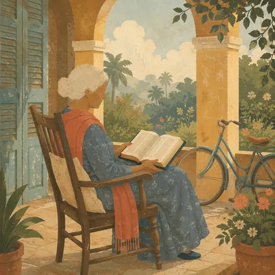 Elderly Woman Reading Bible on Veranda