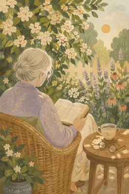 Peaceful Elderly Woman Reading Bible in Garden