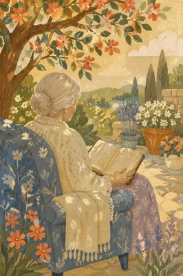 Peaceful Elderly Woman Reading Bible in Garden