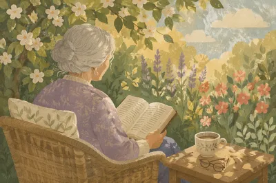 Elderly Woman Reading Bible in Garden