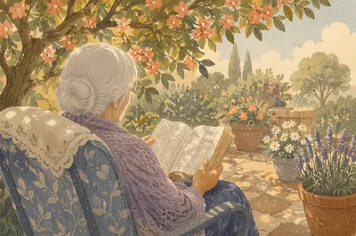 Elderly Woman Reading Bible in Garden