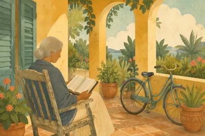 Peaceful Elderly Woman Reading Bible on Veranda