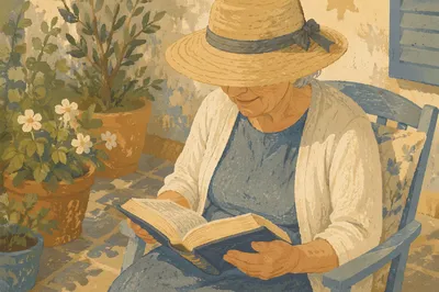 Elderly Woman Reading Bible in Garden
