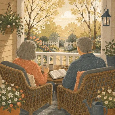 Couple Reading Together on Sunny Porch