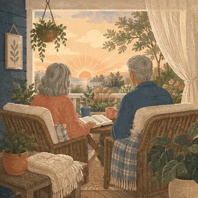 Couple Reading Together on Morning Porch