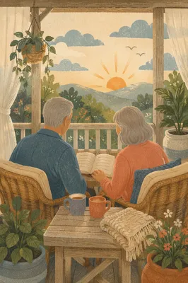 Couple Reading Together on Sunrise Porch
