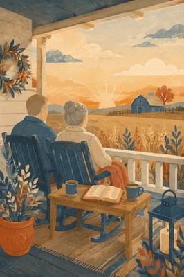 Older Couple Reading on Farmhouse Porch
