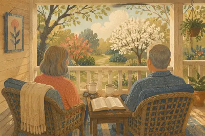Couple Reading Together on Sunny Porch
