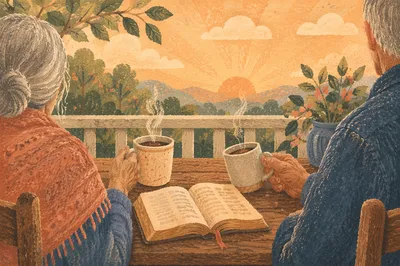 Older Couple with Coffee on Porch