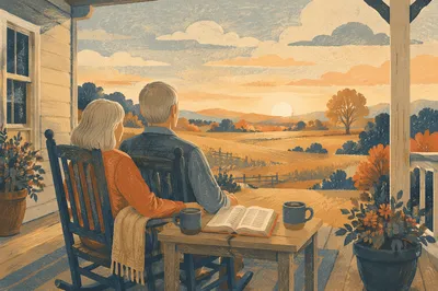 Older Couple on Farmhouse Porch at Sunrise