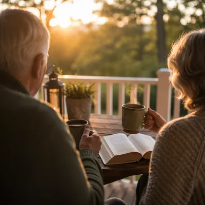 Older Couple with Coffee on Porch