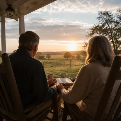 Older Couple on Farmhouse Porch at Sunrise
