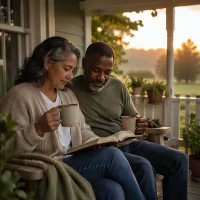Couple Reading Together on Morning Porch
