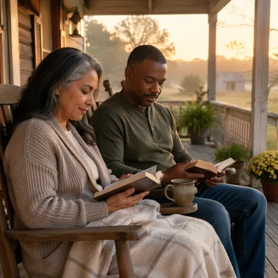 Couple Reading Together on Sunrise Porch