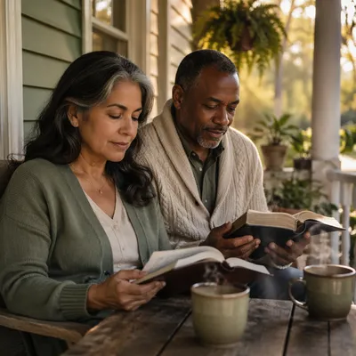 Couple Reading Together on Autumn Porch