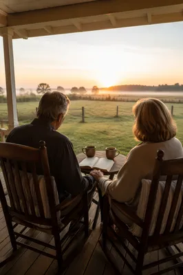 Older Couple on Farm Porch at Sunrise