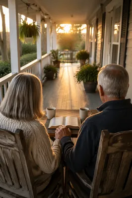 Older Couple Reading on Sunrise Porch