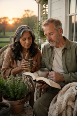 Couple Reading Together on Sunrise Porch