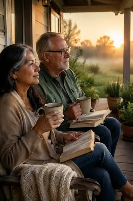 Couple Reading Together on Sunrise Porch