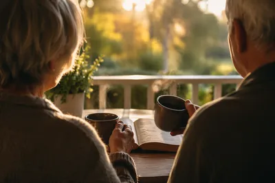 Older Couple Sharing Coffee on Porch