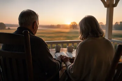 Older Couple on Farmhouse Porch at Sunrise