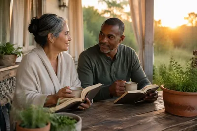 Couple Reading Journals on Sunrise Porch