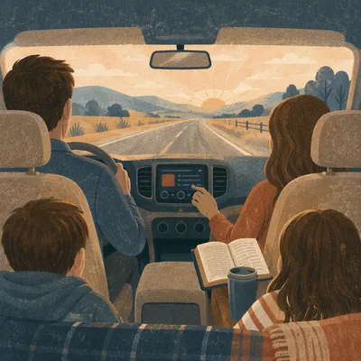 Family Car Interior on Sunrise Road Trip