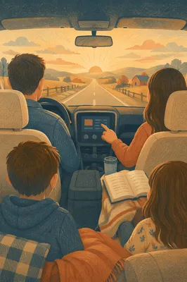 Family Car Interior on Sunrise Road Trip