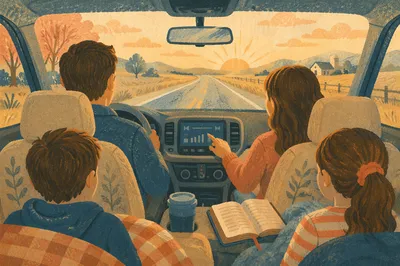 Family Car Interior on Sunrise Road Trip