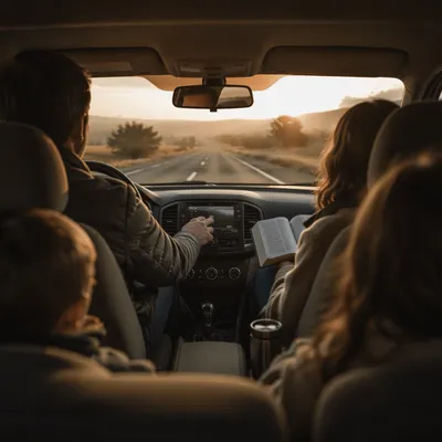 Family Car Interior at Sunrise Road Trip