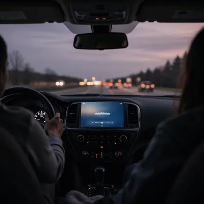 Family Car Dashboard on Dusk Road Trip