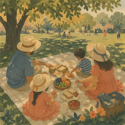 Sunny Family Picnic in Park Meadow