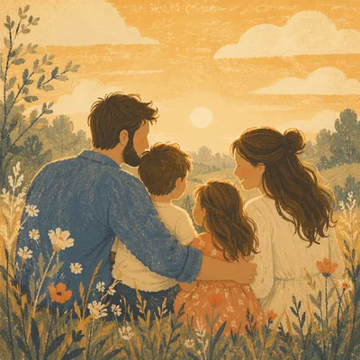Smiling Family Portrait in Golden Meadow