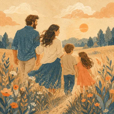 Joyful Family Walk at Golden Hour