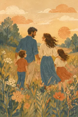 Smiling Family Walking in Golden Meadow