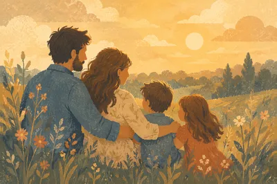 Smiling Family Portrait in Golden Meadow