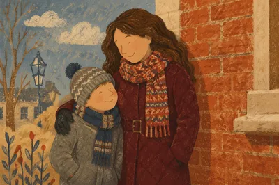 Smiling Family Portrait by Brick Wall