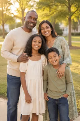 Smiling Family Portrait in Leafy Park
