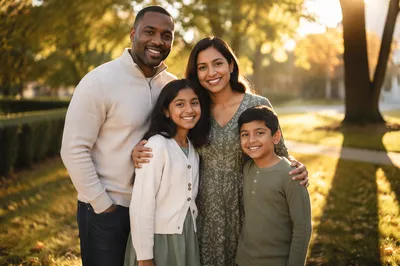 Smiling Family Portrait in Park at Sunset