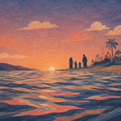 Family Silhouettes Walking at Beach Sunset