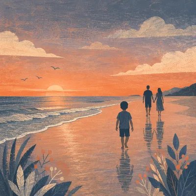 Family Silhouettes Walking on Sunset Beach
