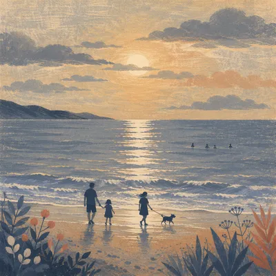 Family Silhouettes Walking at Beach Sunset