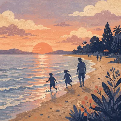 Family Silhouettes Walking at Beach Sunset