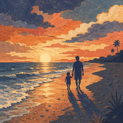 Family Silhouettes Walking at Beach Sunset