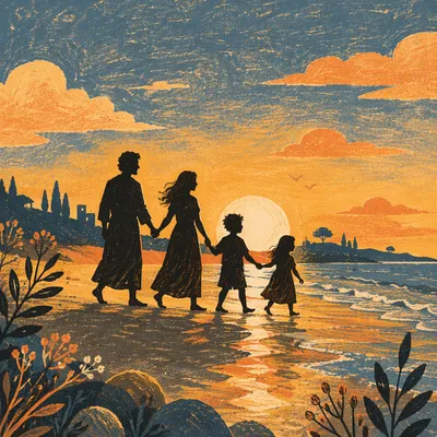 Family Walking on Beach at Sunset