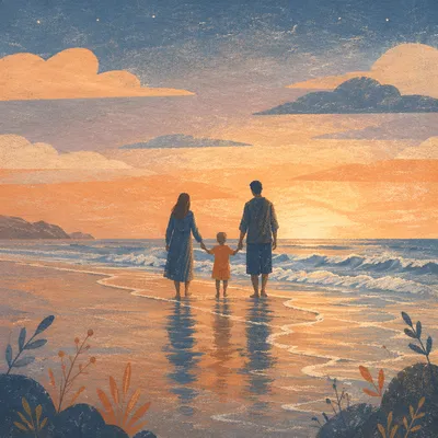 Family Silhouette Walking at Beach Sunset