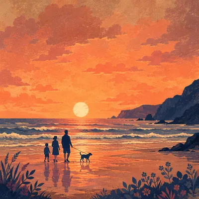 Family Silhouettes Walking Beach at Sunset