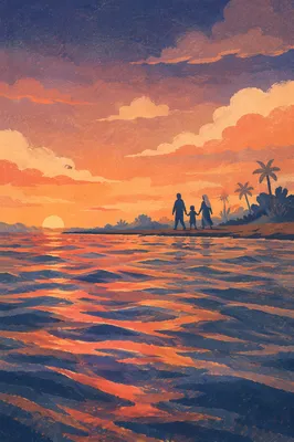 Family Silhouettes Walking on Sunset Beach