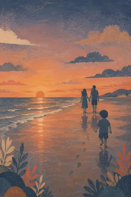 Family Silhouettes Walking on Sunset Beach