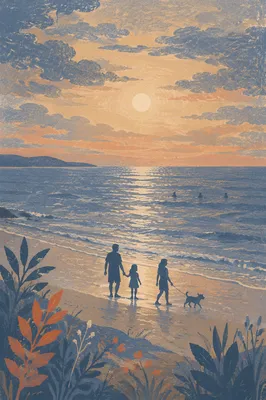 Family Silhouettes Walking Beach at Sunset